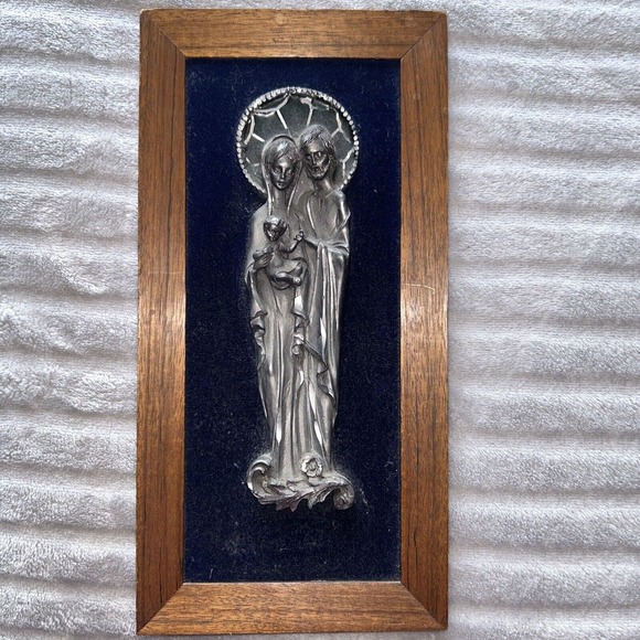 PELTRO CESELLATO A MANO HAND CHISELED PEWTER HOLY FAMILY PLAQUE ITALY WALL ART - Picture 3 of 4